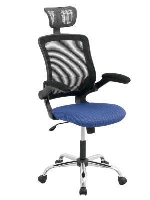 Imagen de una Silla Ejecutiva Atenas en color negro y asiento azul con mecanismo basculante, brazos graduables abatibles y cabecero 2D.