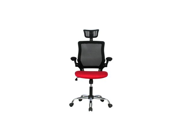 Imagen frontal de la Silla Ejecutiva Atenas en color negro y asiento rojo.