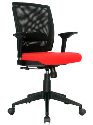 Imagen de una Silla Profesional Canada en color negro y asiento rojo con mecanismo basculante graduable en altura, brazos graduables y base de nylon.