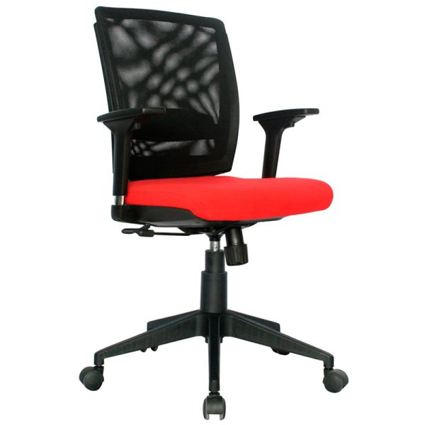 Imagen de una Silla Profesional Canada en color negro y asiento rojo con mecanismo basculante graduable en altura, brazos graduables y base de nylon.