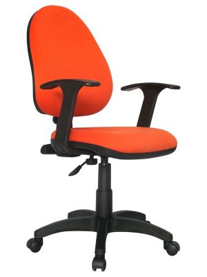 Imagen de una Silla Paño Madrid en color naranja con mecanismo graduable en altura y espalda graduable en altura, que ofrece inclinación y profundidad ajustables. Equipada con brazos fijos y una sólida base de nylon.