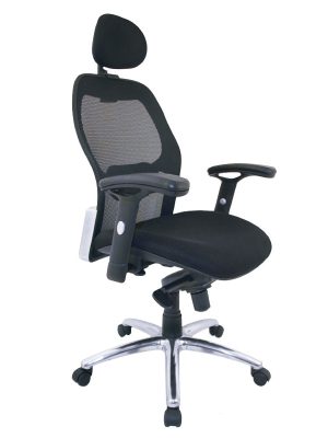 Imagen de una Silla Presidente Monaco en color negro con mecanismo de 4 posiciones graduable en altura, brazos graduables, cabecero 2D y apoyo lumbar 2D, montada sobre una elegante base de aluminio.