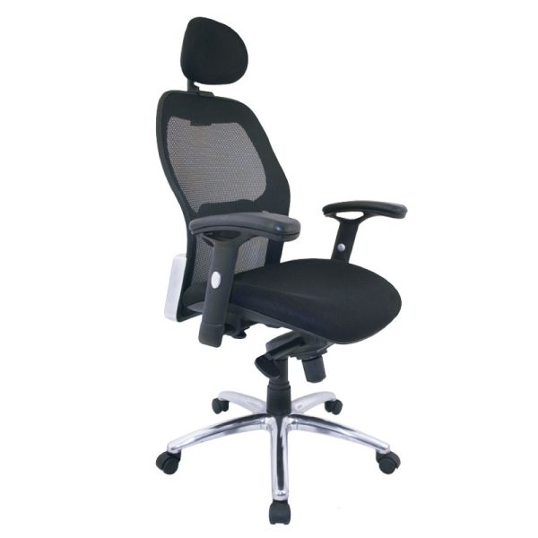 Imagen de una Silla Presidente Monaco en color negro con mecanismo de 4 posiciones graduable en altura, brazos graduables, cabecero 2D y apoyo lumbar 2D, montada sobre una elegante base de aluminio.