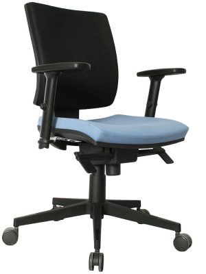 Imagen de una Silla Presidente Spice en color negro y asiento azul con mecanismo de 4 posiciones graduable en altura y brazos graduables.