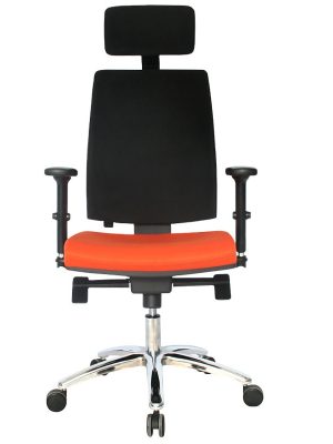 Vista frontal de la Silla Luxury Job Elegant en color negro y asiento naranja.