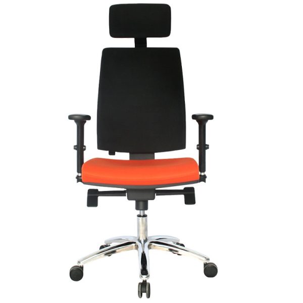 Vista frontal de la Silla Luxury Job Elegant en color negro y asiento naranja.