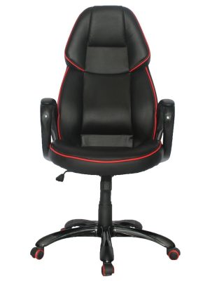 Imagen frontal de la Silla Leather Mercedez en color negro con líneas rojas.