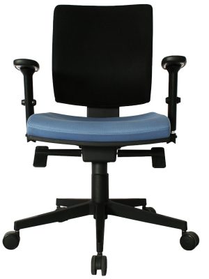 Imagen frontal de la Silla Presidente Spice en color negro y asiento azul.