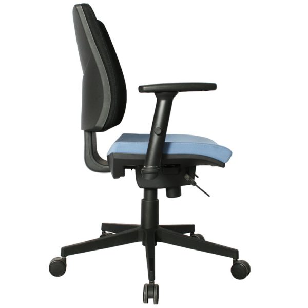 Imagen lateral de la Silla Presidente Spice en color negro y asiento azul.